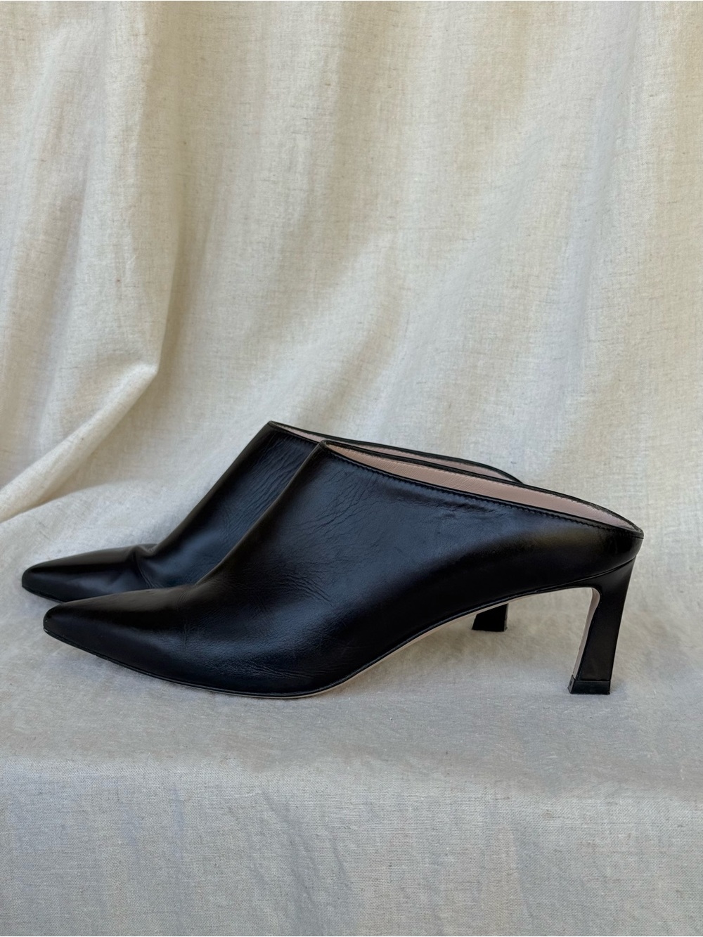 Stuart Weitzman - Mira - Black Leather Pointed-Toe Mule Heels - WORN ONCE